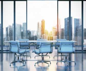 Empty Office Table With Views Overlooking City