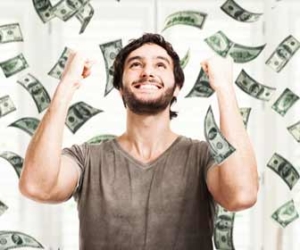 Money raining down on excited job seeker with high salary job image