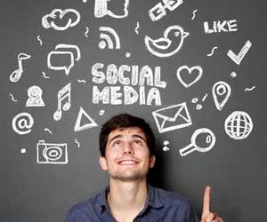 Man with social media concept drawn on chalkboard above his head