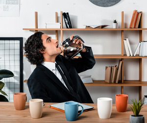 Workaholic drinking coffee straight from the coffee pot